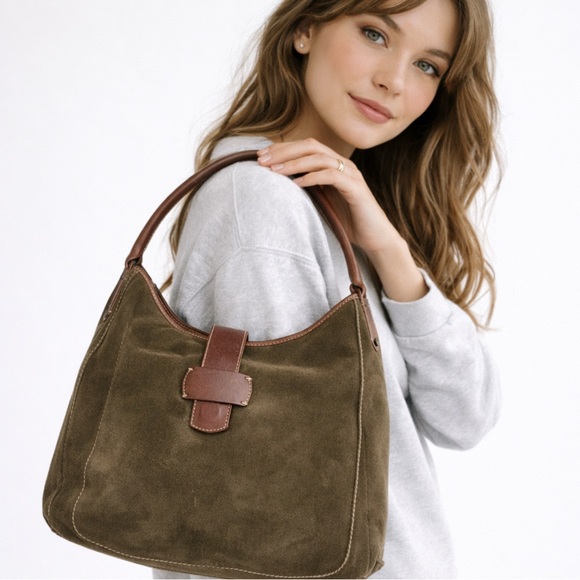 Lands' End Handbags - Lands’ End Suede Leather Hobo Shoulder Bag Purse Olive Green Key Clip